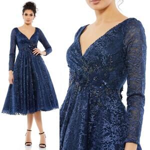 Mac Duggal 112181 Navy Blue 4 Floral Long Sleeve Midi Tea V Formal Gown Dress